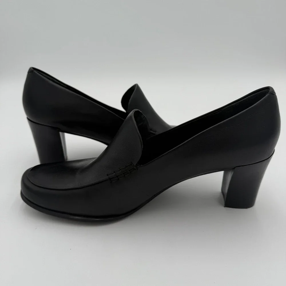 Franco‎ Sarto Nolan Pump Black Leather Block Heel Loafers High Heels Shoes 9.5